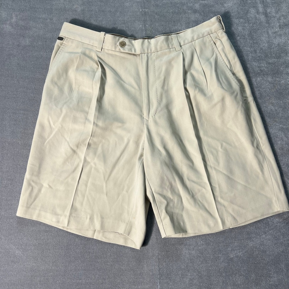 Tommy Bahama Mens Pleated Shorts 35 Beige Khaki Silk Cotton Herringbone Classic